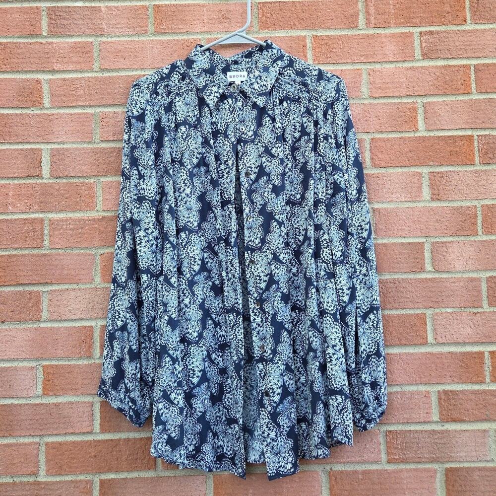 Brora Butterfly Novelty Print Viscose Blouse Top Shirt Ruffle Detail 10 Navy